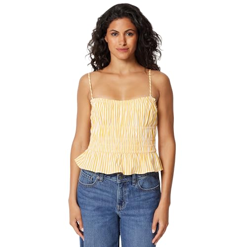 Amazon Essentials Womens Regular-Fit Smocked Cotton Stretch Poplin Tank Golden Yellow Even Stripe Small