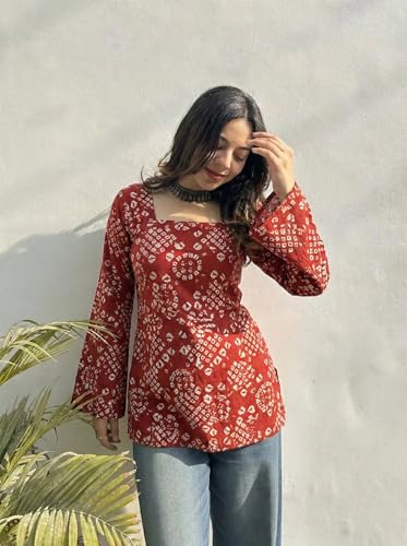 Image of ANNI Designer Women's Viscose Printed Short Kurti | Straight Fit Ethnic Top with Square Neck | Bell Sleeve Casual Indian Kurta for Office College, Party