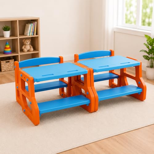 Image of eHomeKart Kids Double Seater Study Table & Bench Set of 2 | 90x75x58 cm | Set of Two School Senior with Backpack Storage | Children Activity Desk Chair for Boys & Girls | Age 3-10 Years (Two Bench)