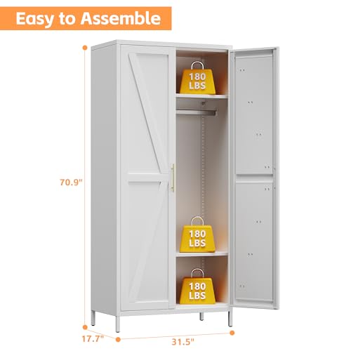 Image of SUPEER Metal Wardrobe Closet for Bedroom, 2 Doors Armoire Cabinet with Shelves and Hanging Rod, Metal Clothes Storage Cabinet, 70.9 inch H x 31.5 inch W x 17.7 inch D, White