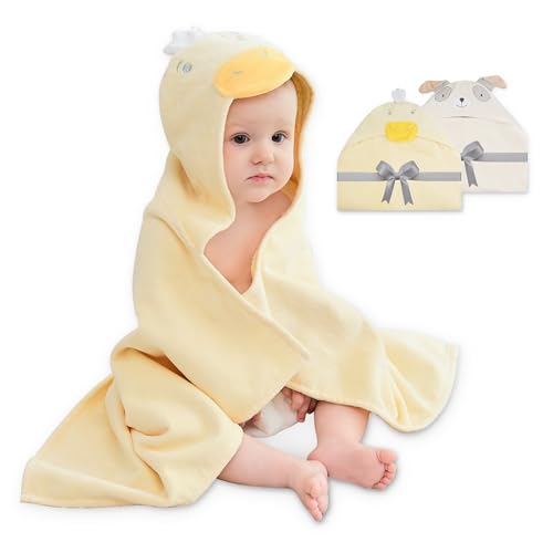 Image of Viviland 2 Pack Hooded Baby Towels, Soft 100% Cotton Baby Bath Towels with Hood, Extra Thick and Absorbent, Essential for Newborns, Kids, Infants - Girls and Boys (Dog & Duck)