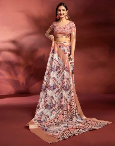 Image of SIRIL Women's Dola Silk Printed Jacquard Border Ready To Wear Saree with Unstitched Blouse Piece