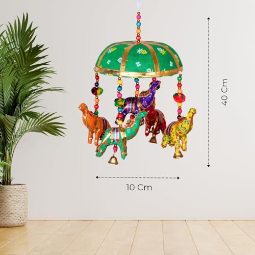 Image of Rajasthani Multicolor Elephants Jhoomer with Bell - Decorative Wind Chimes for Door & Wall Hanging, Ideal Home Decor & Gift Showpiece (Green)