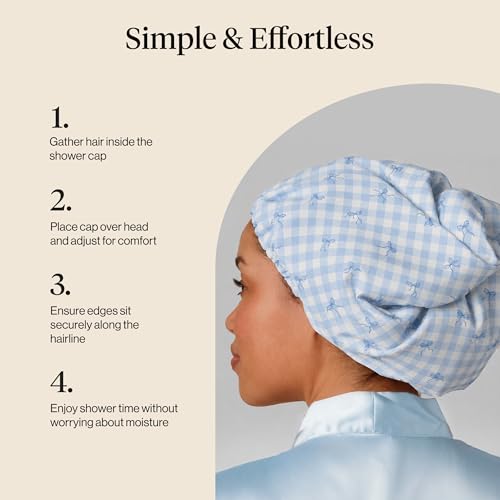 Image of Kitsch Luxury Satin-Lined Flexi Shower Caps for Women Reusable Waterproof - Large Wide Shower Cap for Women & Men, Adjustable, Stylish Hair Cap for Showers, For Long & Short Hair - Gingham Blue