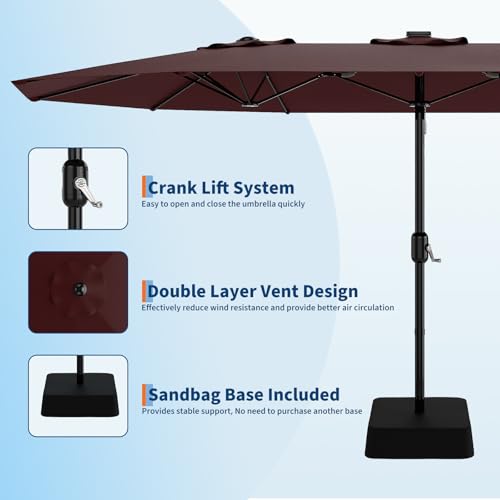 15 Ft Large Patio Umbrella with Base Included, Outdoor Double-Sided Rectangle Umbrella with Crank Handle, Outdoor Umbrella for Backyard, Pool, Patio,