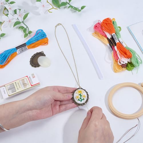 Image of INFUNLY 6 Set Vintage Embroiderys Pendant Kit with Chain Flower Embroidery Stitching Necklace Mini Embroidery Stitch Kit with Hoop Instructions for Adults Beginners Art Gifts Sewing Hanging