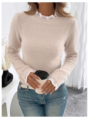 MakeMeChic Women's Faux Fur Lace Fuzzy Sweater Mock Neck Long Sleeve Pullover Tops4
