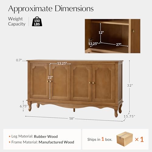 HULALA HOME Sideboard Buffet Cabinet with Storage, 58" Kitchen farmhouse Wood Credenza Storage Cabinet with 4 Doors and 2 Shelves, Accent Console Table with Solid Wood Legs & Adjustable Shelves, Acorn - Image 3