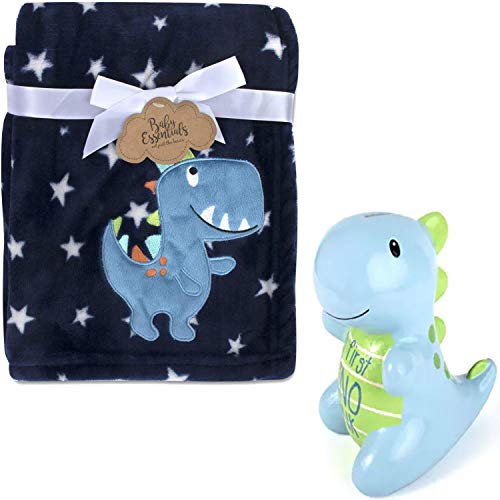 Image of Baby Dino Blanket for Boys and Girls Soft Plush with Baby's First Dinosaur Piggy Bank - Baby Dinosaur Gifts