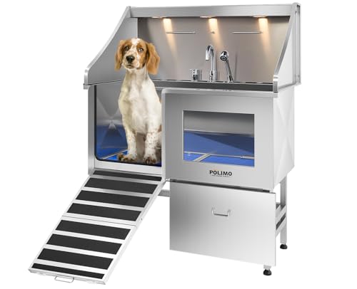 POLIMO Dog Washing Station, LED Professional Stainless Steel Dog Bathing...
