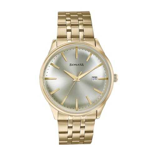 Image of Sonata Wedding Edit Quartz Analog with Date Golden Dial Stainless Steel Strap Watch for Men