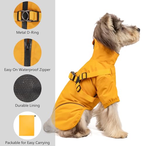 Hunde-Regenmantel für kleine und mittelgroße Hunde, wasserdichte Hunderegenjacke mit integriertem Geschirr für nasses Wetter, leicht zu tragen, reflektierend, Gelb, Größe M