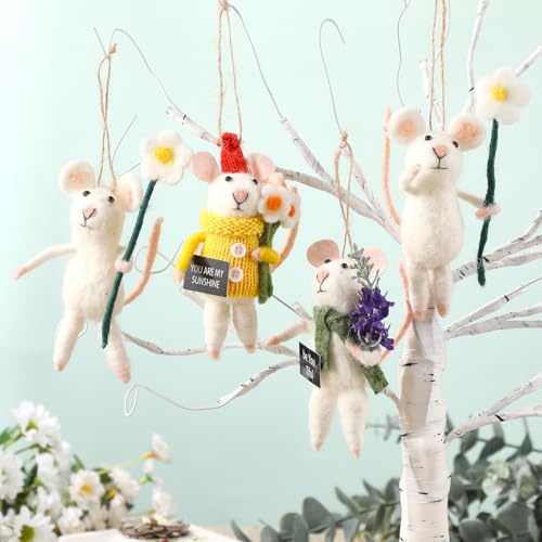 Hahafelt 4 Pcs Cute Spring Felt Mice Ornament Set with Lavender Wool Daisy Spring Handmade Felt Mouse Ornament Flower Animals Family for Easter Decor 3.94 Inch