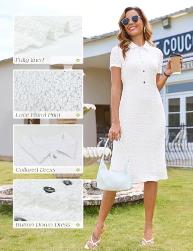 Image of Annebouti Womens 2026 Spring Summer Short Sleeve Elegant Lace Button Down Semi-Formal Work Business Casual Midi Dress