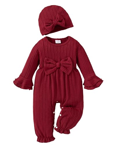Image of Mioglrie Newborn Baby Girl Clothes Long Sleeve Romper Infant Fall Winter Outfits Floral Hat Jumpsuit Preemie Girl Clothes