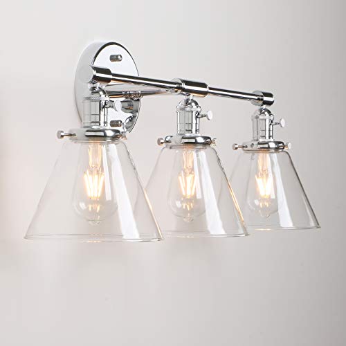 Image of Vintage Industrial Antique Three-Light Wall Sconces with Funnel Flared Clear Glass Shade (Chrome)