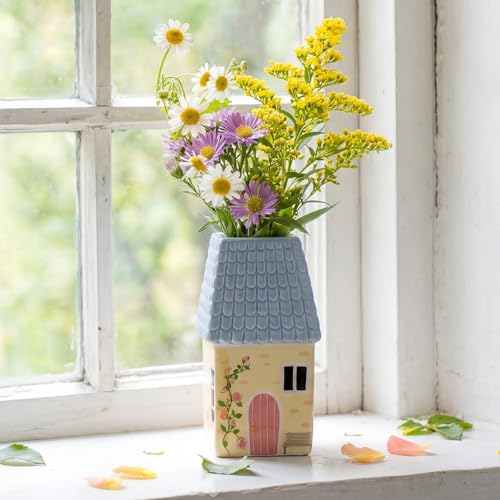 Remerry Ceramic House Shape Vase 2.4 x 3.8 Inch Mini Handmade Vase Decorative Small Flower Container for Living Room Bedroom Farmhouse Home Table Decor Cute Birthday Gift(Blue)