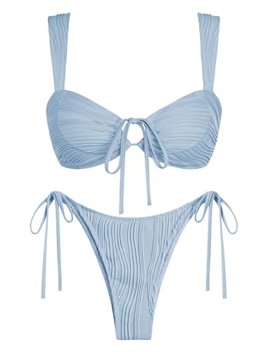 ZAFUL Womens Texture Bikini Sets Knot Front O Ring Tie Wide Straps Swimsuits 2 Pieces String Bathing Suits (1-Baby Blue, L)