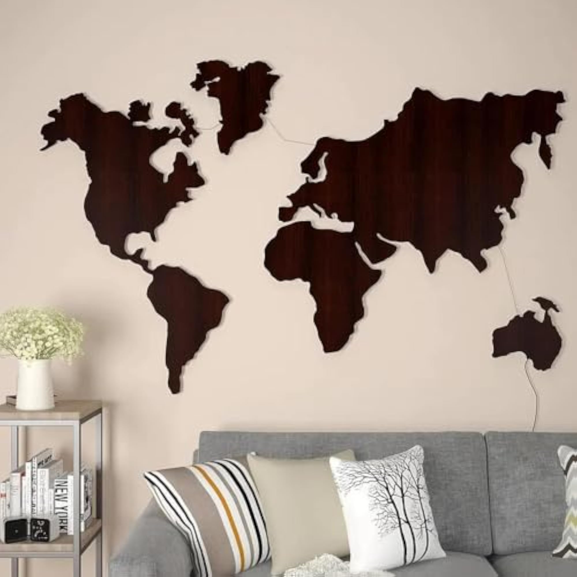 World Map Golden Yellow Backlit Wood Wall Decor & Night Light