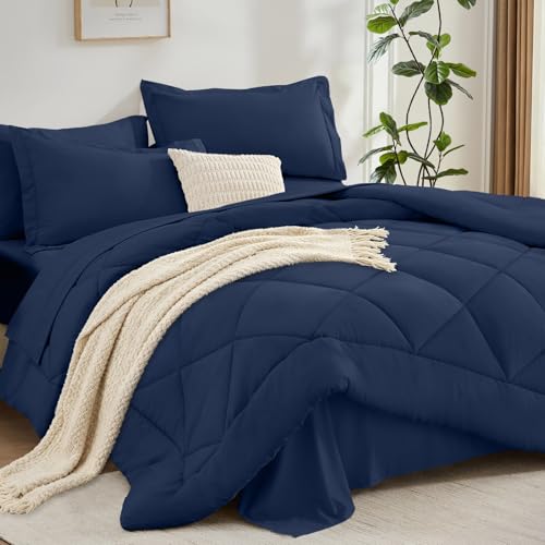 FUANNA Queen Comforter Set 7 Pieces Luxury Queen Size Comforter Sets All Season Soft Queen Bedding Sets with Lightweight Fluffy Comforter Flat Sheet Fitted Sheet Pillowcases & Shams Navy Blue