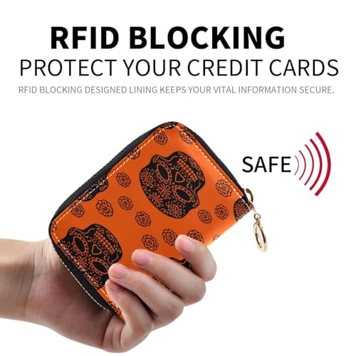 Small RFID Credit Card Holder Wallet with Zipper, Leather Wallet Case for Women Black Sugar Skulls2
