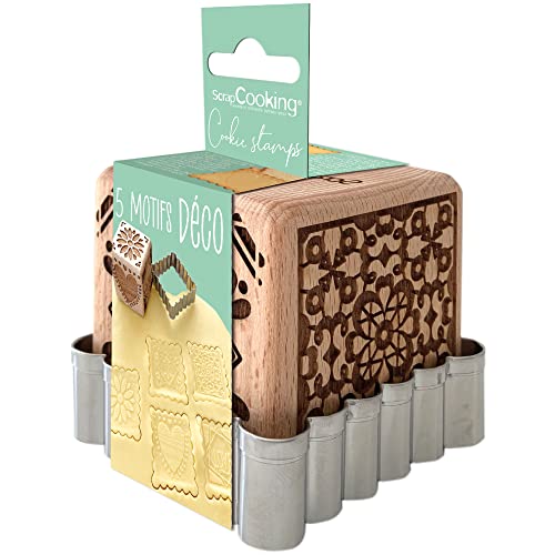 SCRAP COOKING 5139 Tampon Pâtisserie en Bois à Motifs Décoratifs Maison-avec 1 Découpoir Emporte-Pièce Biscuit & Cube Déco avec 5 Faces Gravées en Relief-Moule...