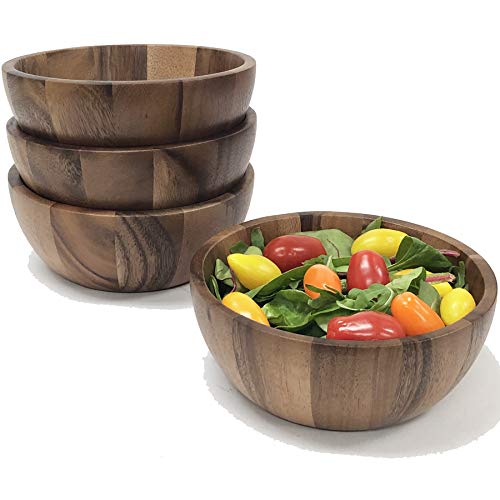 Woodard & Charles Set Of 4 Acacia Wood Individual Serving Bowls For Salads, Fruits, Snacks, Nuts, Candy, 6 1/2" X 2 1/2" #TOP1