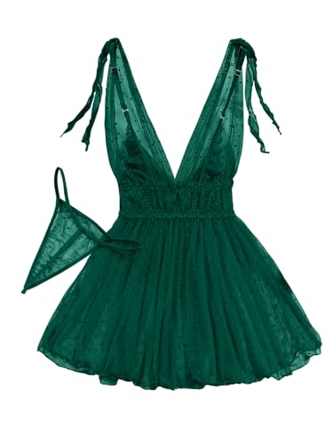 Image of Lilosy Sexy Polka Dots Mesh Sheer Lace Babydoll Chemise Lingerie Set Floral Sleep Wear