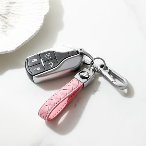 Image of Gkeygo Carabiner Keychain, Universal Heavy Duty Woven Handmade Leather Key Chain, Car Fob Key Keychains with 360 Degree Rotatable Snap Swivel and Anti-Lost D-Ring for Men and Women, Silver - Pink