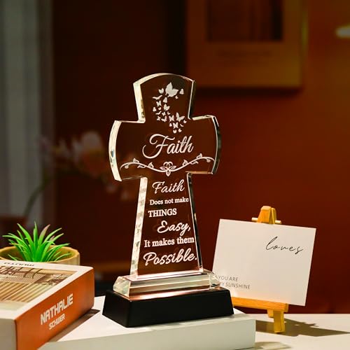 Image of Qianwei Christian Cross Faith Inspirational Gifts - Crystal Cross Tabletop Decor for Women - Religious Catholic Baptism Communion Confirmation Gifts for Women, Sister, Friend