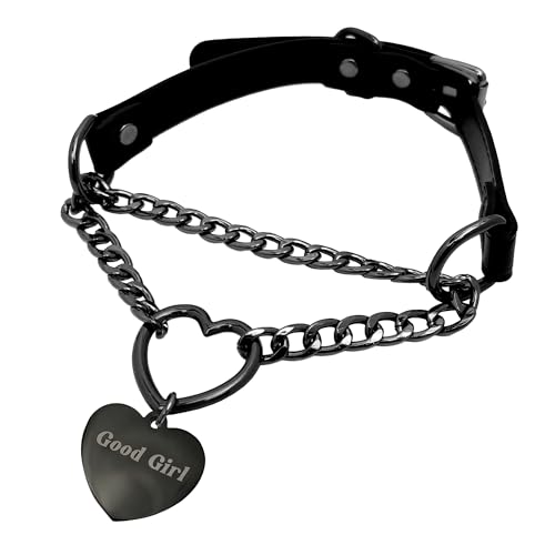paloli Leather Slip Chain Choker – Adjustable PU Vegan Collar With Heart Ring & Cuban Chain, Letter Heart Pendant Necklace for Women