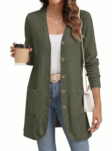 Image of GRECERELLE Womens Long Cardigans Open Front Ladies Lightweight Ribbed Cardigan Casual V Neck Jackets with Pockets, Buttons for Women UK (Green, M)