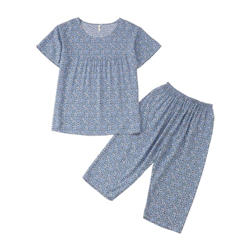 Genérico Pijama de Manga Corta con Estampado Floral y pantalón Corto. Ropa de Dormir de Verano, cómoda y Suave. (Blue, L)