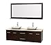 Wyndham Collection Centra 72" Double Bathroom Vanity in Espresso, Ivory Marble Countertop, Avalon White Carrera Marble Sinks & 70" Mirror