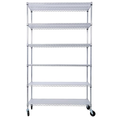 podafu 6 Tier Metal Storage Shelves, Heavy Duty Adjustable Wire Shelving Unit with Wheels & Liners, 6000LBS Capacity, Utility Standing Shelf, Chrome 48