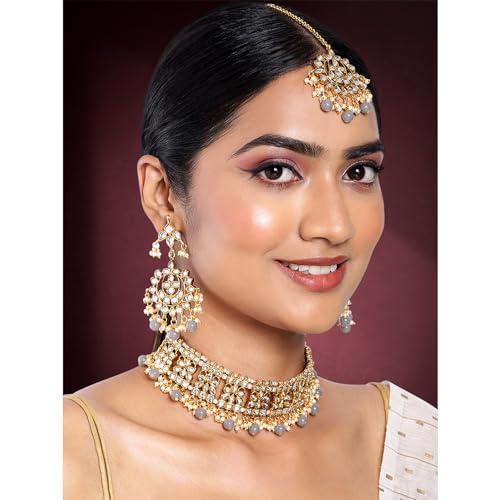 Image of Aheli Elegant Indian Faux Kundan Studded Choker Necklace with Maang Tikka Set Ethnic Wedding Wear Bharatanatyam jewellery set Gift for Women