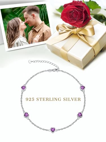 Image of Dorunmo Heart Birthstone Bracelets 925 Sterling Silver Round Birthstone Anklet for Women Birthday Jewelry Gifts for Girlfriend Wife Mother Her