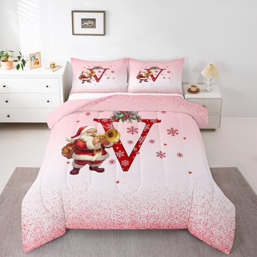Homemissing Juego de edredón rosa con temática navideña para niños, tamaño doble, con iniciales personalizadas, letra V, juego de ropa de cama para niños y niñas, copos de nieve de Navidad, lindo
