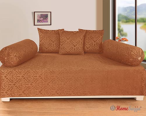 Image of Home Sajja Premium Velvet Diwan Sets - 1 Diwaan Sheet,2pc Bolster Cover with Dori,3pc Cushion Covers (6 Pieces Set) Camel Color