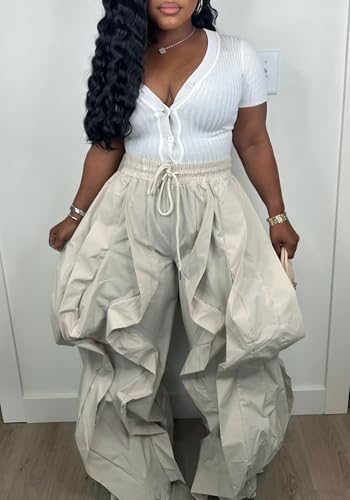 Women's Cargo Loose Pants Casual Baggy Elastic High Waisted Ruffle Barrel Patchwork Pants with Drawstring3