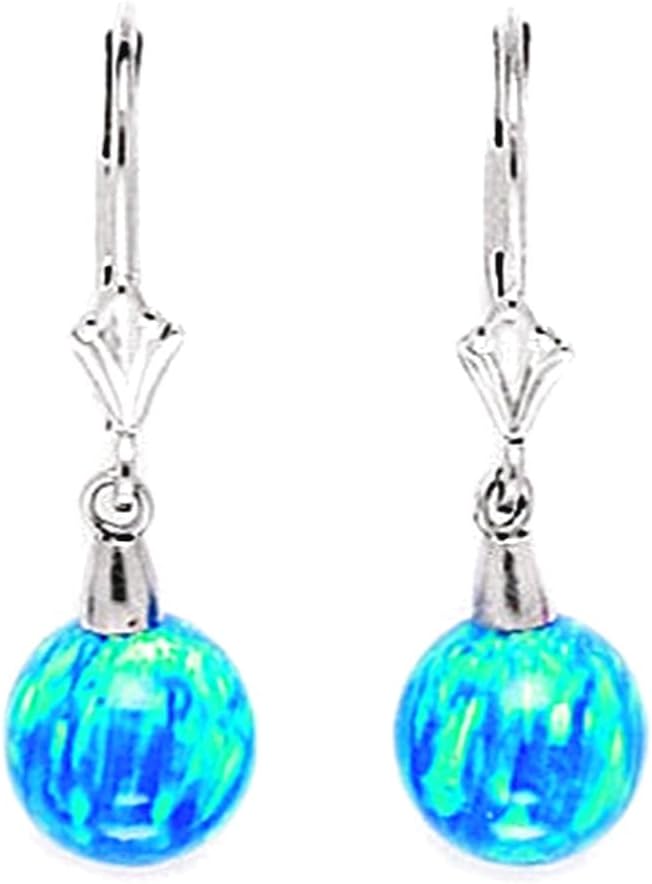14k White Gold Blue 8x8mm Simulated Opal Ball Drop Leverback Earrings 28x8mm Ball Earring for Women