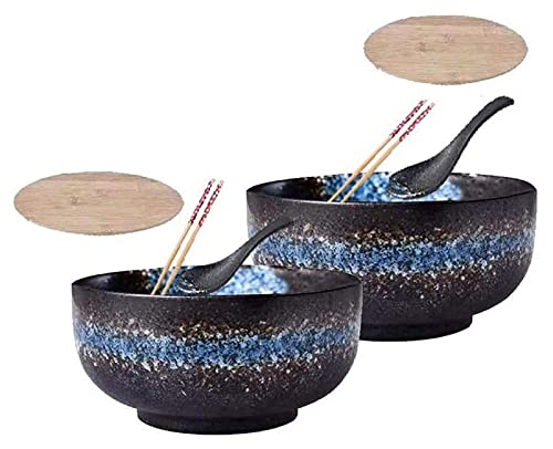 JUNYFFF 2 Sätze (6 Stück) 1500 Ml Keramik Ramen-Schüssel, Große Tiefe Innere Schalen, Mit Deckel Löffel Stäbchen, Japanische Nudelsuppenschüssel, Ramen, Pho, Nudelsuppe, Udon, Donburi Cover