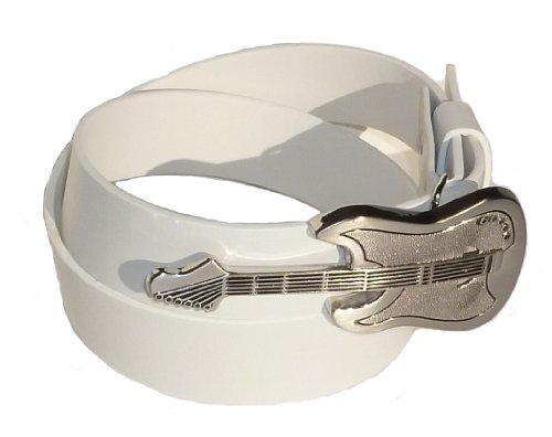BeltsandStuds Man Women White snap on belt with Guitar buckle
