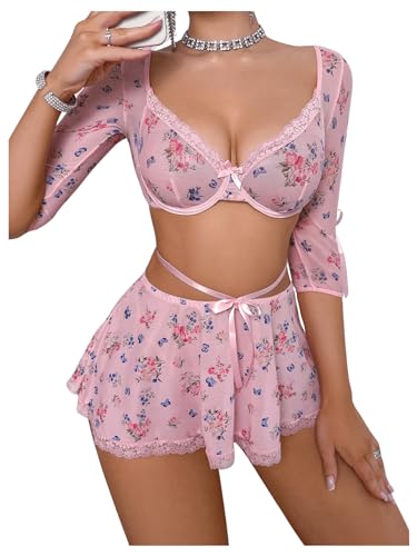 Women's Lace Trim Floral Underwire Lingerie Sets Cute Sheer Babydoll Lingerie Skirts Chemise Sleepwear Set3