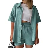 Summer Zweiteiler Damen Musselin Bluse Set, Elegant Leinen Bluse Hemd Und Shorts Einfarbig Lounge Set Strand Y2k Clothes Baumwolle Sportanzug Oversize Freizeitanzug Kurzarm Hausanzug Outfits