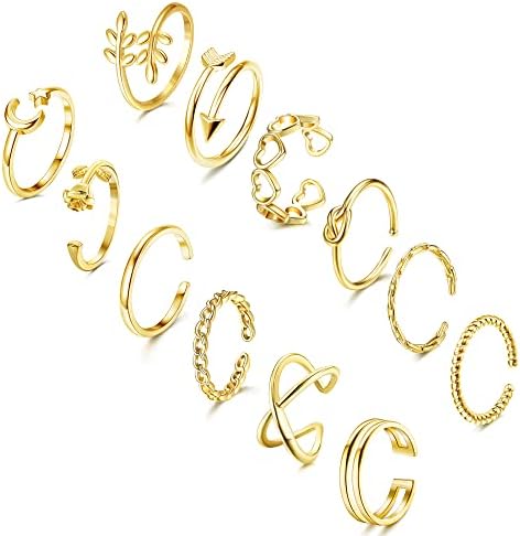LOLIAS 12PCS Adjustable Rings for Women Open Stackable Finger Joint Thumb Ring Toe Ring Heart Flower Arrow Knot Beach Jewelry Plated Silver Gold Black Girl's Ring Set