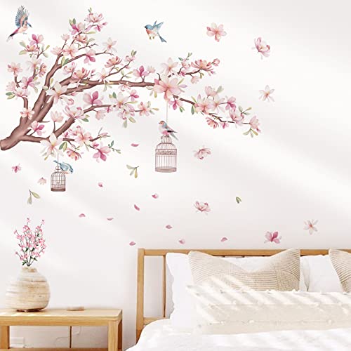 Image of wondever Cherry Blossom Flowers Wall Stickers Pink Magnolia Floral Tree Branch Birds Peel and Stick Wall Art Decals for Living Room Bedroom TV Wall