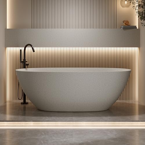 YTTSOYTS Premium 69 Inch Stone Resin Freestanding Bathtubs,Upgraded Slim Edge Solid Surface Deep Soaking Tub,Rock Marble Stand Alone Tubs with Drain and Side Overflow,cUPC Certified