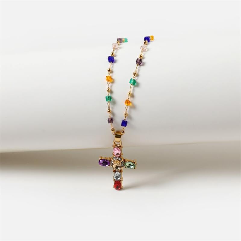 Colorful Cross Necklace for Women Rainbow Cross Pendant Necklace Trendy Colorful Chain Cross Necklace Gothic Catholic Christian Costume Accessories Jewelry - Image 6