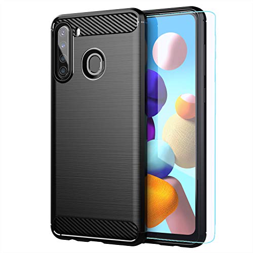 Galaxy A21 case,Samsung A21 case,with HD Screen Protector,M MAIKEZI Soft TPU Slim Fashion Non-Slip Protective Phone Case Cover for Samsung Galaxy A21 (US Version)(Black Brushed TPU)